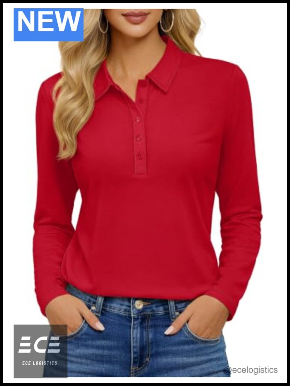 Women's Long Sleeve Polo Shirt 5-Button Collared Golf Top Business Casual